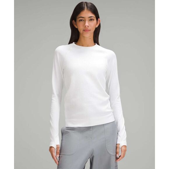 lululemon athletica Tops - Lululemon Rest Less Ribbed Pullover White Long Sleeve Thumbholes Gym Womens 8